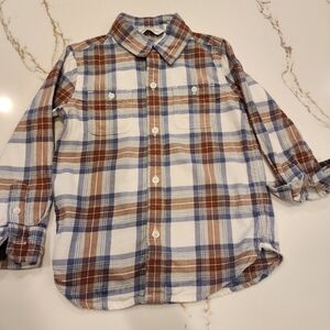 Janie and Jack Boys Plaid Button Down Shirt Size 3 Blue Brown Cream Long Sleeve